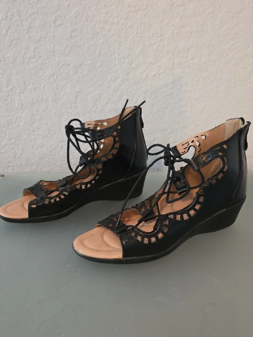 Bolaro Black Lace-Up Cutout Wedge Sandals Size 7.5